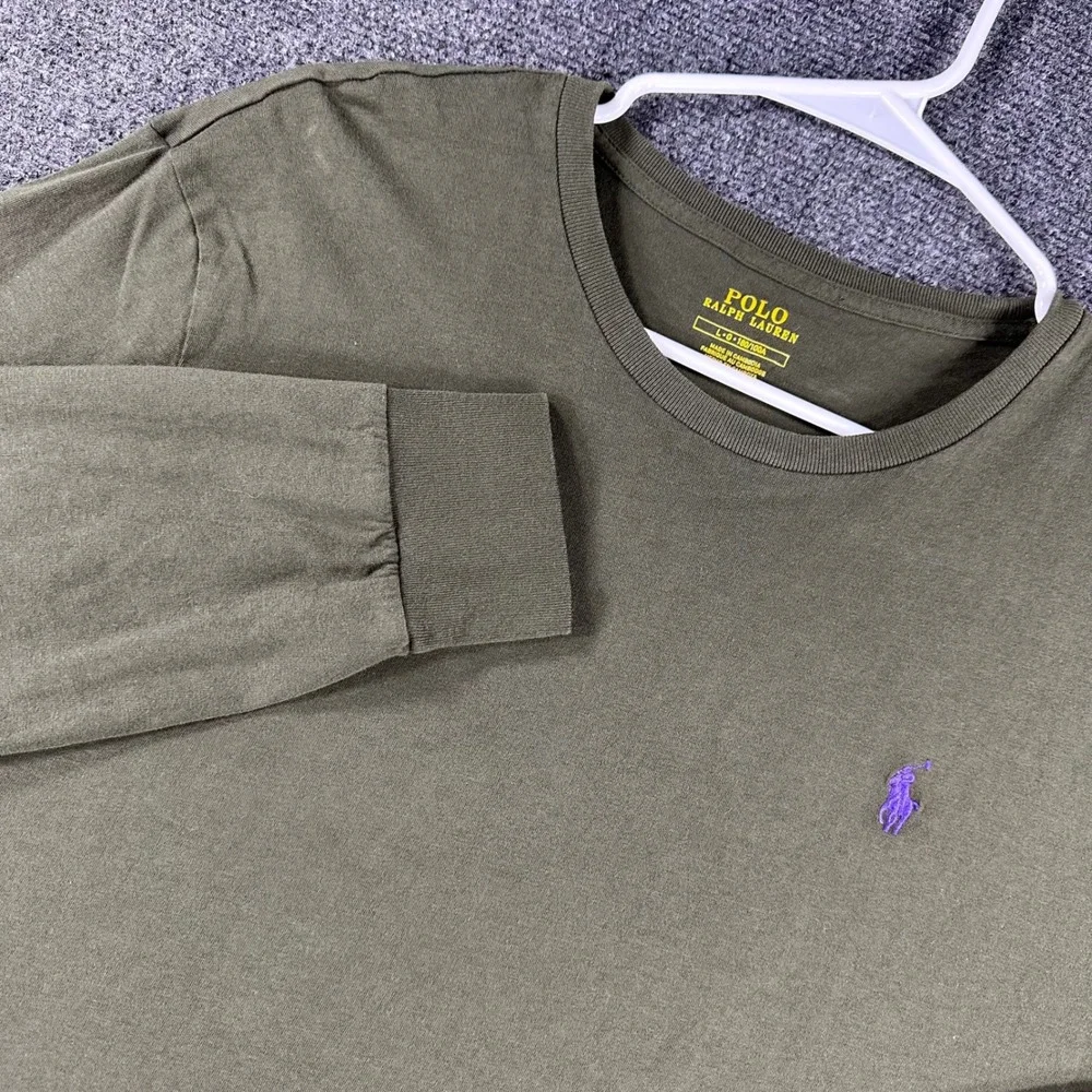 Polo Ralph Lauren Long Sleeve T-Shirt Mens L Large Olive Green Purple Pony Logo